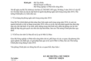Công văn 4626/VPCP-KTTH xử lý nguồn dự phòng ngân sách trung ương 2014