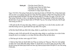 Công văn 2954/BNN-TCCB 2014 chức năng nhiệm vụ cơ cấu tổ chức đơn vị sự nghiệp trong 999/QĐ-TTg