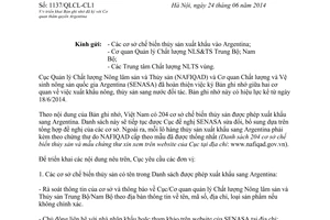 Công văn 1137/QLCL-CL1 2014 triển khai Bản ghi nhớ đã ký với Cơ quan thẩm quyền Argentina