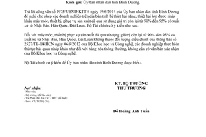 Công văn 8695/BTC-TCHQ 2014 hỗ trợ doanh nghiệp bị thiệt hại Bình Dương