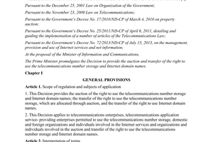 Decision No. 38/2014/QD-TTg auction of the right to use the telecommunications number storage Internet domain