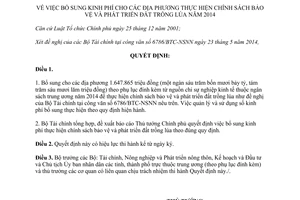Quyết định 1062/QĐ-TTg 2014 bổ sung kinh phí bảo vệ phát triển đất trồng lúa