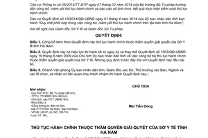 Quyết định 653/QĐ-UBND Công bố thủ tục hành chính thuộc thẩm quyền giải quyết sở y tế Hà Nam 2014