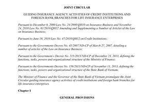 Joint Circular No. 86/2014/TTLT-BTC-NHNNVN guiding insurance agency activities for life insurance enterprises