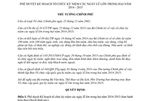 Quyết định 1063/QĐ-TTg Kế hoạch tổ chức kỷ niệm lễ lớn 2014 2015