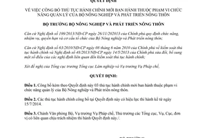 Quyết định 3015/QĐ-BNN-TCLN 2014 thủ tục hành chính mới Bộ Nông nghiệp Phát triển nông thôn