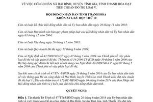 Nghị quyết 89/2014/NQ-HĐND công nhận xã Hải Bình Thanh Hóa đạt tiêu chuẩn đô thị loại V