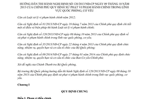 Thông tư 95/2014/TT-BQP hướng dẫn 120/2013/NĐ-CP xử phạt vi phạm hành chính quốc phòng