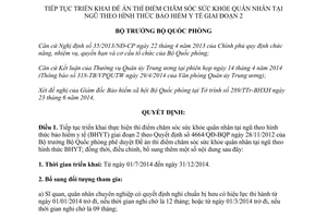 Quyết định 2521/QĐ-BQP 2014 thí điểm chăm sóc sức khỏe quân nhân tại ngũ theo bảo hiểm y tế