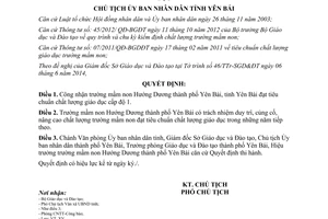 Quyết định 1038/QĐ-UBND 2014 công nhận trường mầm non Hướng Dương đạt chất lượng cấp độ 1 Yên Bái