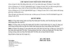 Quyết định 1039/QĐ-UBND 2014 công nhận trường mầm non Họa My đạt chuẩn chất lượng cấp độ 1 Yên Bái