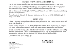 Quyết định 1044/QĐ-UBND 2014 công nhận trường mầm non đạt tiêu chuẩn chất lượng giáo dục Yên Bái