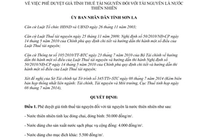 Quyết định 2010/QĐ-UBND 2014 giá tính thuế tài nguyên nước thiên nhiên Sơn La