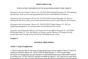 Joint circular No. 99/2014/TTLT-BTC-BGTVT stipulating the pricelist of road infrastructure assets