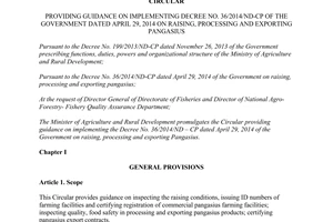 Circular No. 23/2014/TT-BNNPTNT providing guidance 36/2014/ND-CP raising processing exporting pangasius