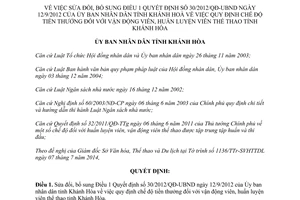 Quyết định 17/2014/QĐ-UBND sửa đổi 30/2012/QĐ-UBND tiền thưởng vận động viên huấn luyện viên Khánh Hòa