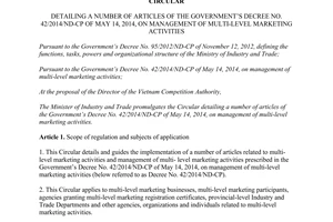 Circular No. 24/2014/TT-BCT detailing No. 42/2014/ND_CP on management of multi-level marketing activities