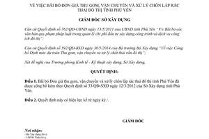 Quyết định 80/QĐ-SXD năm 2014 bãi bỏ Đơn giá thu gom vận chuyển xử lý chôn lấp rác thải đô thị Phú Yên