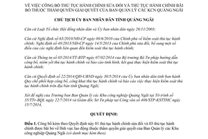 Quyết định 1066/QĐ-UBND thủ tục hành chính thẩm quyền ban quản lý khu công nghiệp Quảng Ngãi 2014