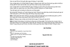 Thông tư 08/2014/TT-BTTTT Quy chuẩn kỹ thuật quốc gia chất lượng dịch vụ IPTV mạng viễn thông công cộng cố định