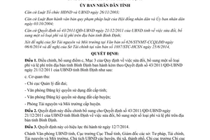 Quyết định 15/2014/QĐ-UBND điều chỉnh 43/2011/QĐ-UBND Bình Định