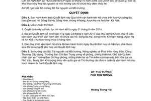 Quyết định 1077/QĐ-TTg 2014 Quy trình vận hành liên hồ chứa lưu vực sông Ba