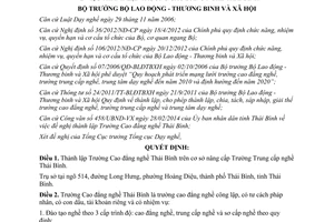 Quyết định 799/QĐ-LĐTBXH 2014 thành lập Trường Cao đẳng nghề Thái Bình