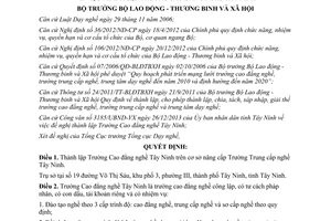 Quyết định 798/QĐ-LĐTBXH 2014 thành lập Trường Cao đẳng nghề Tây Ninh