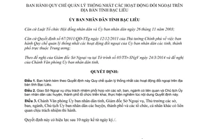 Quyết định 09/2014/QĐ-UBND quản lý thống nhất các hoạt động đối ngoại Bạc Liêu