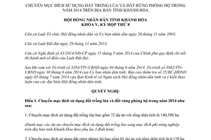 Nghị quyết 05/NQ-HĐND năm 2014 chuyển đất trồng lúa rừng phòng hộ Khánh Hòa