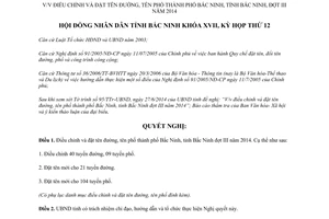 Nghị quyết 146/NQ-HĐND17 điều chỉnh đặt tên đường tên phố thành phố Bắc Ninh năm 2014