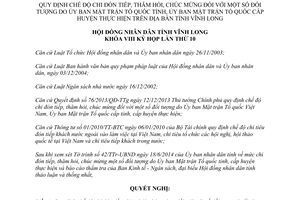 Nghị quyết 98/2014/NQ-HĐND chi thăm hỏi chúc mừng đối tượng Ủy ban Mặt trận Tổ quốc Vĩnh Long