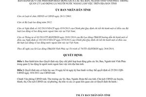 Quyết định 31/2014/QĐ-UBND Quy chế phối hợp các Sở Ban Ngành Vĩnh Phúc quản lý lao động nước ngoài