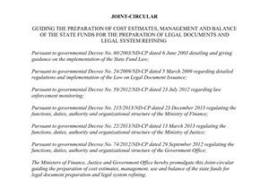 Joint circular No. 92/2014/TTLT-BTC-BTP-VPCP preparation of cost estimates management the state funds