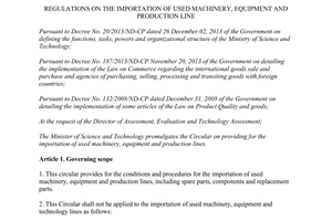 Circular No.20/2014/TT-BKHCN importation of used machinery equipment and production line