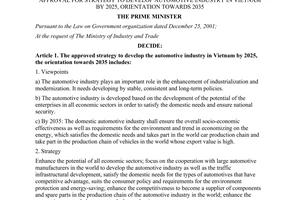Decision No. 1168/QĐ-TTg dated 2014 strategy to develop automotive industry in VietNam by 2025