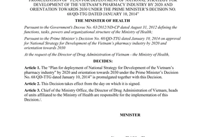 Decision No. 2614/QD-BYT dated 2014 plan for development of the VietNam’s pharmacy industry by 2020
