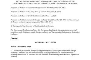 Decree No.70/2014/ND-CP detailing of the Ordinance and the amended Ordinance on the foreign exchange