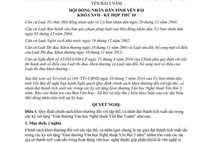 Nghị quyết 06/2014/NQ-HĐND chính sách khen thưởng tập thể cá nhân Giải thưởng Văn học Nghệ thuật Yên Bái 5 năm