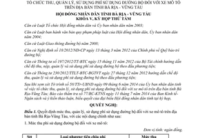 Nghị quyết 23/2014/NQ-HĐND thu quản lý sử dụng phí sử dụng đường bộ xe mô tô Bà Rịa Vũng Tàu
