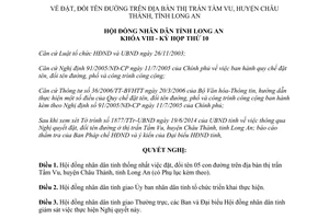 Nghị quyết 144/2014/NQ-HĐND đặt đổi tên đường Tầm Vu Long An