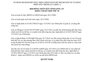 Nghị quyết 134/2014/NQ-HĐND phân bổ kinh phí bảo vệ phát triển đất trồng lúa Long An