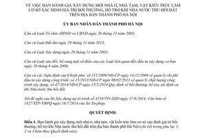 Quyết định 29/2014/QĐ-UBND giá xây dựng mới nhà ở xác định bồi thường khi Nhà nước thu hồi đất Hà Nội