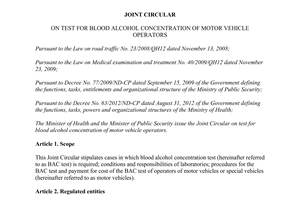 Joint Circular No. 26/2014/TTLT-BYT-BCA on test for blood alcohol concentration of motor vehicle operators