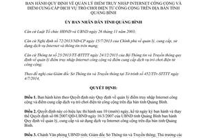 Quyết định 13/2014/QĐ-UBND quản lý điểm truy nhập Internet trò chơi điện tử công cộng Quảng Bình