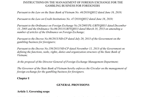 Circular No.15/2014/TT-NHNN management of foreign exchange for the gambling business for foreigners