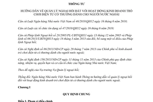 Thông tư 15/2014/TT-NHNN quản lý ngoại hối kinh doanh trò chơi điện tử có thưởng cho người nước ngoài