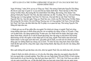 Thông báo 288/TB-VPCP 2014 cải cách thủ tục hành chính thuế