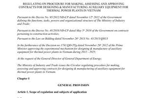 Circular No. 23/2014/TT-BCT contracts for manufacturing auxiliary equipment for thermal power plants in VietNam