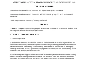 Decision No. 1288/QD-TTg dated 2014 approving the National program on industrial extension to 2020